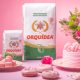 Orquídea muda embalagem da farinha em apoio ao Outubro Rosa